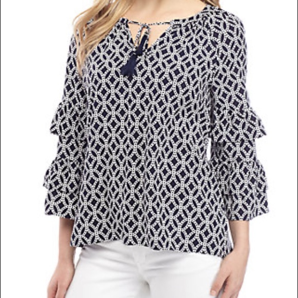 Crown & Ivy, navy & white peasant top with 3/4 ruffle sleeves and tie neck